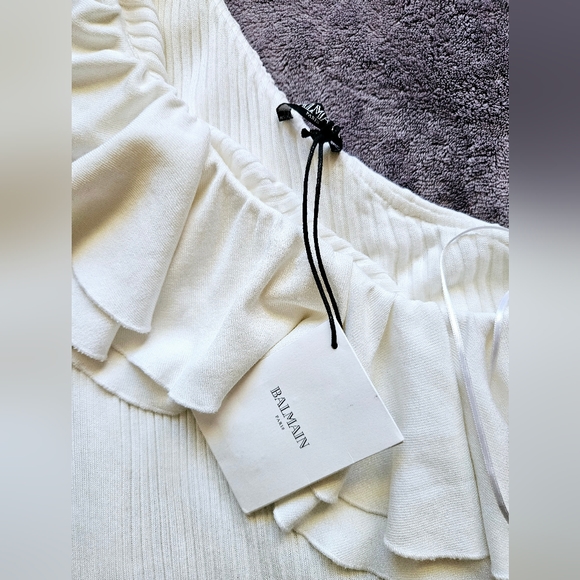 Balmain One-shoulder Ruffled Ribbed-knit Top Size 8 - Picture 10 of 12